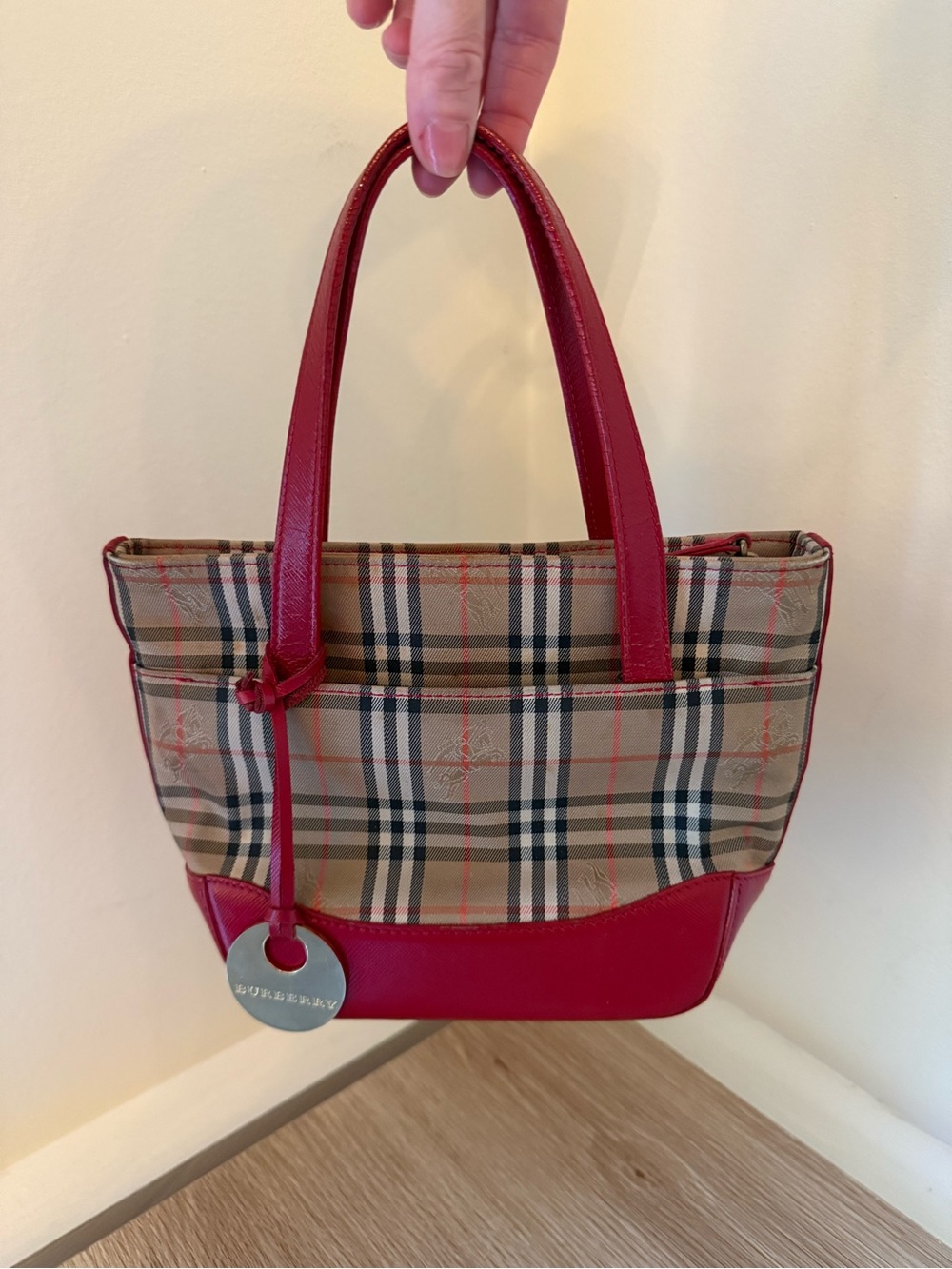 Burberry Mini Beige Nova Check Tote with Red Leather Trim
